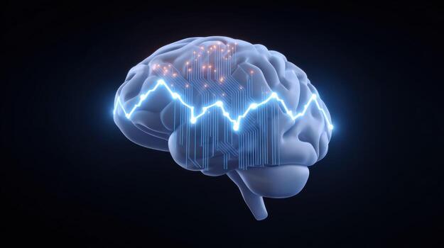 Digital brain concept shows glowing circuit activity and technology processing information. represents mind and artificial intelligence working with intense focus photo