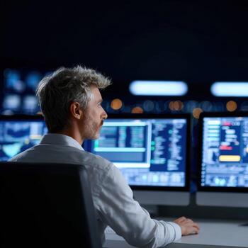 Focused cybersecurity expert monitoring complex network. serious man analyzes data on computer screen in dark office using modern digital technology at night photo