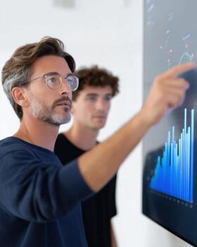 Focused professional mentor guiding younger colleague through business data analysis. man points to chart on large screen, showing important financial information photo