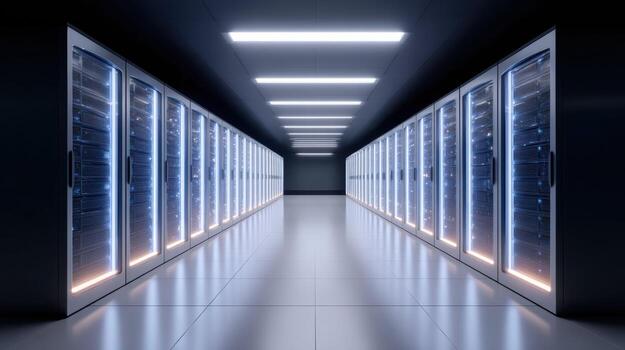 Impressive view down data center corridor lined with server racks. powerful supercomputer using advanced technology for network hosting, database, and internet cloud computing photo