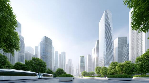 Bright, optimistic view of utopian city of future with autonomous public transport, green trees, and modern skyscraper architecture under clear blue sky photo