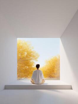 Serene person meditating in minimalist room enjoys peaceful view from large window. calm yoga practice with beautiful backdrop for mindfulness and well being photo