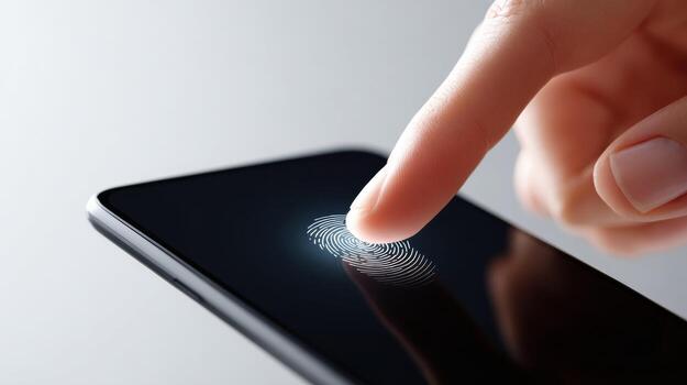 Focused close up of finger scanning fingerprint on smartphone screen for security. technology provides secure access and authentication using biometrics and simple touch photo