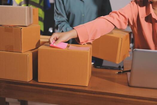 Labeling packages on a workspace photo