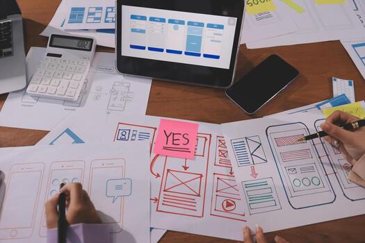 Mobile app design workspace with sketches photo