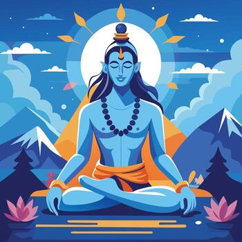 lord Shiva in lotus position with mountains and clouds vector