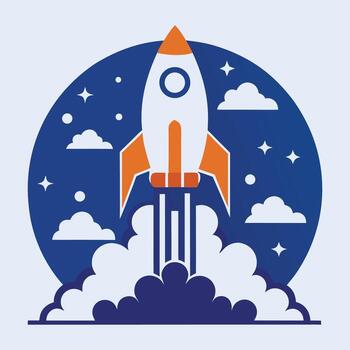 a rocket is flying through the sky with clouds vector