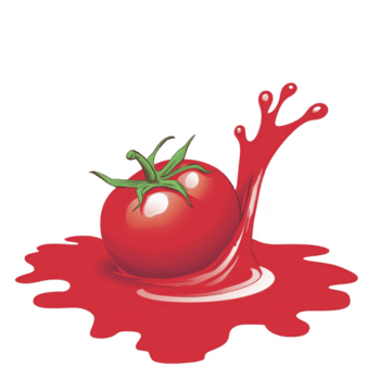 vibrant red tomato splashes into pool of tomato juice, creating dynamic and fresh visual. green stem adds contrast, enhancing lively and appetizing scene png
