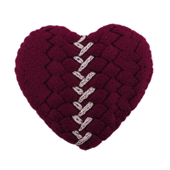 knitted heart shaped pillow with stitched pattern in center, featuring deep red color and intricate design, evokes sense of warmth and comfort png