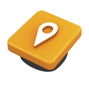 3D orange square icon with white map pin symbol, representing location or navigation, is depicted. glossy finish and modern design convey sense of technology and connectivity png