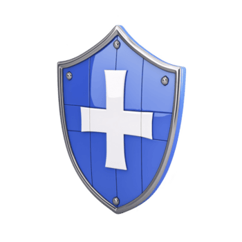 blauw schild met wit kruis ontwerp is afgebeeld, symboliseert bescherming en veiligheid. schild heeft glanzend af hebben en metalen randen, geven het sterk en betrouwbaar uiterlijk png