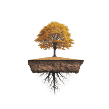 vivace autunno albero con d'oro le foglie sta su galleggiante pezzo di terra, suo intricato radici visibile sotto, la creazione di surreale e equilibrato composizione png