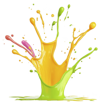 Vibrant splash of colorful paint, featuring dynamic splatters of yellow, green, and pink, creating energetic and artistic expression png