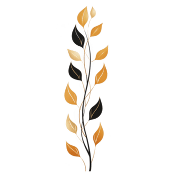Vertical illustration of stylized branch with golden and black leaves, showcasing elegant and modern design. leaves are arranged in alternating pattern, creating striking visual contrast png