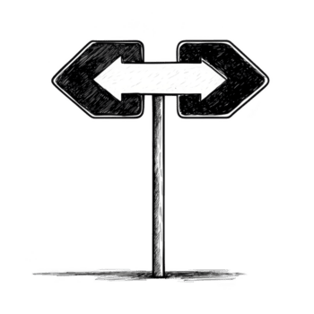 skiss av två sätt riktnings vägvisare med pilar pekande vänster och höger, symboliserar val och beslut tillverkning. svartvit design lägger till klassisk Rör png