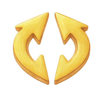 Golden, stylized, double arrow icon with circular design, symbolizing rotation or refresh, is depicted. arrows are textured, giving three dimensional appearance png