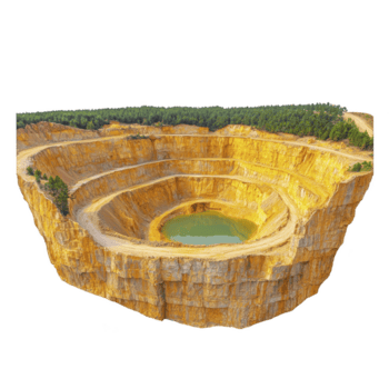 Aerial view of large open pit mine with terraced layers and small turquoise water pool at bottom, surrounded by lush green trees. scene is dramatic and striking png