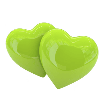 zwei glänzend Grün Herz geformt Objekte sind platziert Seite durch Seite, symbolisieren Liebe und Einheit. beschwingt Farbe und glatt Oberfläche erstellen modern und spielerisch ästhetisch png