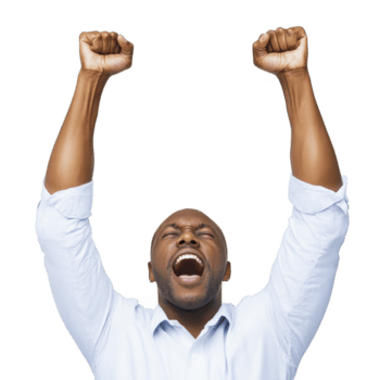 homem dentro branco camisa é a comemorar com braços elevado e alegre expressão, transmitindo excitação e sucesso png