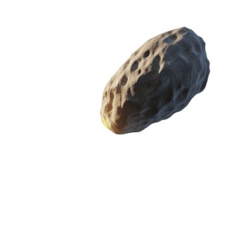 Large, rocky asteroid with textured surface is floating space, illuminated by distant light source. asteroid surface features craters and rugged terrain, creating dramatic and mysterious png