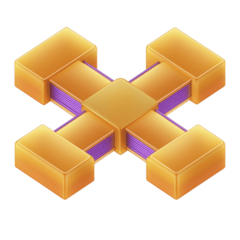 gouden 3d netwerk hub icoon met vier verbonden rechthoekig knooppunten, met Purper kabels, symboliseert connectiviteit en gegevens uitwisseling png