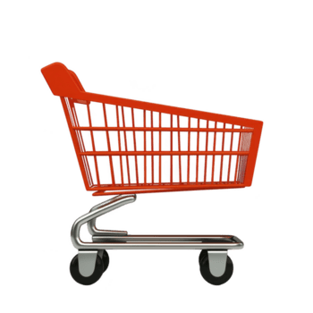 rosso shopping carrello con metallo telaio e quattro ruote è mostrato contro pianura sfondo. carrello è vuoto e posizionato nel profilo Visualizza, evidenziazione suo design e struttura png