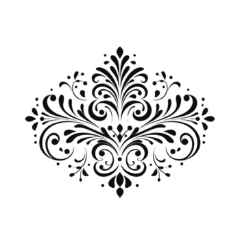 Elegant black floral damask pattern with intricate swirls and leaves, creating vintage and sophisticated design. Perfect for wallpaper, textiles, or decorative elements png