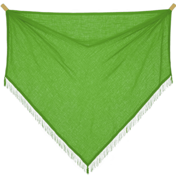 Vibrant green triangular shawl with fringe detail is displayed, showcasing its textured fabric and elegant drape. shawl is hung on line, highlighting its intricate design and craftsmanship png
