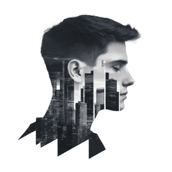 Doppio esposizione Immagine di uomo profilo con paesaggio urbano sovrapposizione, mescolanza urbano architettura con umano caratteristiche, la creazione di surreale e artistico effetto png