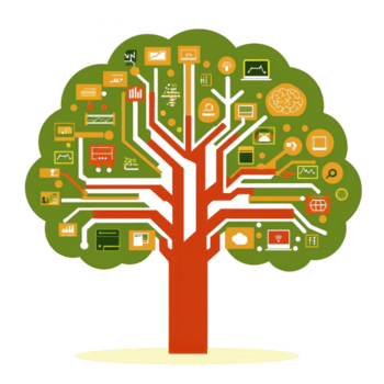 digitale albero illustrazione con rami collegamento vario tecnologia icone, simboleggiante connettività e crescita nel tecnologia. vivace colori e design trasmettere innovazione e creatività png