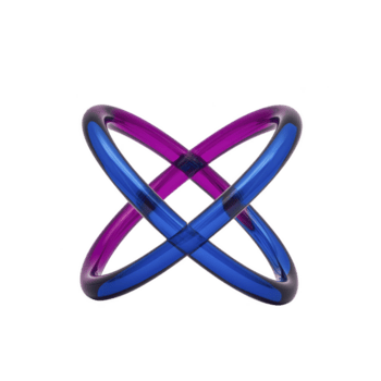 Vibrant 3D abstract shape featuring interlocking purple and blue rings, creating dynamic and futuristic design. glossy finish adds depth and modern touch png