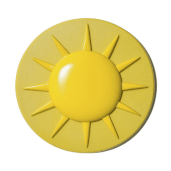 Bright yellow sun icon with smooth, glossy surface and pointed rays symbolizes warmth and positivity. simple design is ideal for weather apps or cheerful graphics png