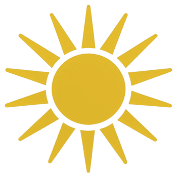 Bright yellow sun icon with circular center and pointed rays radiating outward symbolizes warmth and energy. simple design is often used in weather forecasts and cheerful graphics png