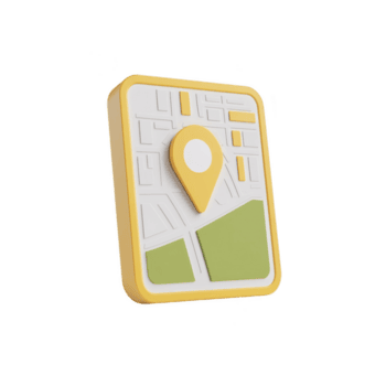 3D illustration of map icon with yellow location pin on grid layout, featuring green areas representing parks or open spaces. design is simple and modern png