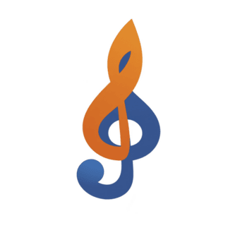 This features stylized treble clef symbol with gradient of orange and blue colors, creating modern and artistic design. symbol is set against transparent background png