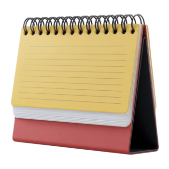spirale limite scrivania calendario con giallo copertina e rosso base sta eretto, con foderato pagine per Appunti. design è semplice e funzionale, ideale per ufficio uso png
