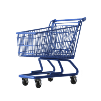 Blue shopping cart with metal frame and four wheels is isolated on transparency background. cart is empty and positioned at angle, showcasing its design and structure png