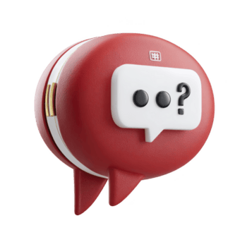 Red 3D chat bubble with question mark and buttons symbolizes communication and inquiry. design is modern and playful, suggesting digital interaction or messaging png