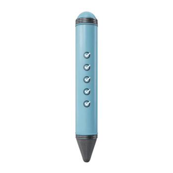 Blue cylindrical object with pointed tip and check marks, resembling stylized pen or marker, is depicted. design is simple and modern, with focus on functionality and style png
