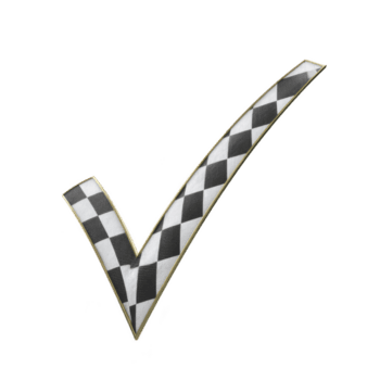 Checkered pattern checkmark symbolizing approval or completion, featuring black and white design with glossy finish. checkmark is angled and has sleek, modern appearance png