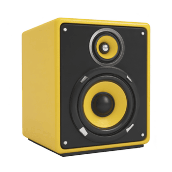 Vibrant yellow speaker with modern design features two circular drivers on front panel, set against transparency background. compact, stylish speaker is ideal for enhancing audio experiences png