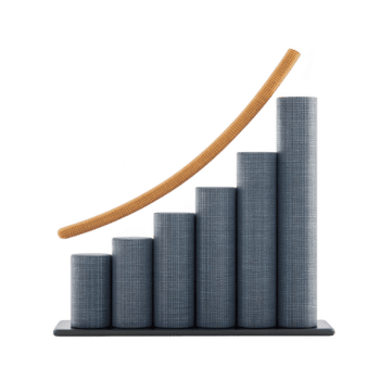 3D bar graph with ascending columns and curved arrow indicating growth or increase. bars are textured and arranged in progressive order, symbolizing positive trends or success png