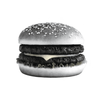 svartvit bild av hamburgare med sesam utsäde bulle, två nötkött biffar, ost, och sallad, skapande klassisk snabb mat se. gråskale effekt lägger till unik konstnärlig Rör png