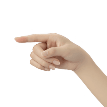 Hand with neutral skin tone is pointing forward with index finger extended, while other fingers are curled inward. background is transparent, highlighting gesture png