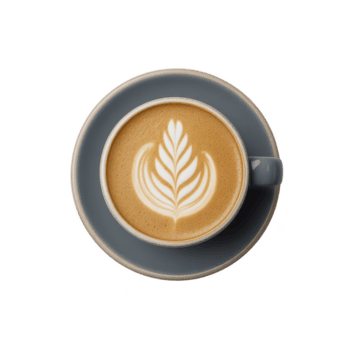 topo Visão do copo do café com intrincado café com leite arte dentro cinzento copo e pires, conjunto contra avião fundo. café com leite arte características simétrico folha padronizar png