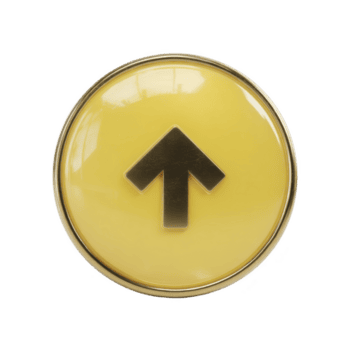 Shiny yellow button with black upward arrow symbol in center, conveying sense of direction or progress. button has glossy finish and metallic rim png