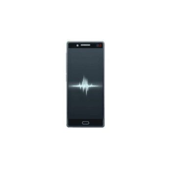 Smartphone displaying sound wave on its screen, indicating voice recognition or audio recording functionality. device is sleek and modern, with black frame and minimalistic design png