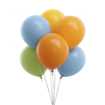 racimo de vistoso globos presentando azul, naranja, y verde matices, flotante alegremente en contra transparencia antecedentes. brillante superficie refleja luz, agregando festivo toque png