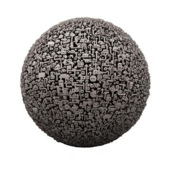 Spherical object covered in intricate, abstract patterns and symbols, resembling complex maze or network. design is monochromatic, giving it futuristic and mysterious appearance png