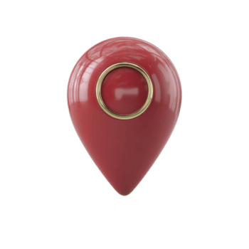 glansig röd plats stift med guld ringa detalj, isolerat på genomskinlighet bakgrund, symboliserar navigering och riktning. skinande yta speglar ljus, tillsats modern Rör png